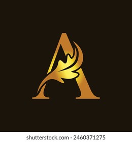 Letter A logo in vintage style texture leaves and with The color scheme is gold. The overall design has a warm, elegant feel.