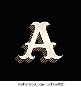 Letter A logo in vintage western style with lines shadow. Vector font for barber shop labels, sport posters, jewelry cards etc.