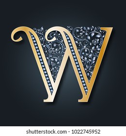 Letter logo W. Vector. ABC. Golden alphabet on a dark background. A graceful heraldic symbol. The initials of the monogram. Interlacing of silver flowers and leaves. Luxurious emblem for weddings