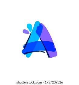 Letter A logo with water drops and waves. Handwritten with a felt-tip pen. Vector bold marker font can be used for washing labels, healthcare headlines, pure posters, ecology cards etc.