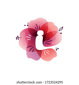 Letter I logo at watercolor overlapping flower. Negative space icon with ink herbs and leaves pattern. Perfect font for botanical labels, birthday print, wedding posters etc.
