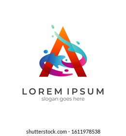 Letter A logo with wave/water splash motion shape, transparent gradient color style, creative letter a logo design