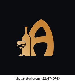 Letter A Logo With Wine Bottle Design Vector Illustration On Black Background. Wine Glass Letter A Logo Design
