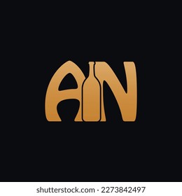 Letter AN Logo With Wine Bottle Design Vector Illustration On Black Background. Wine Glass Letter AN Logo Design. Beautiful Logotype Design For Wine Company Branding.