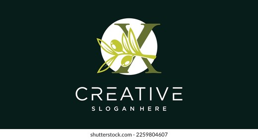 Letter logo X with olive branches illustration of green leaves Premium Vector