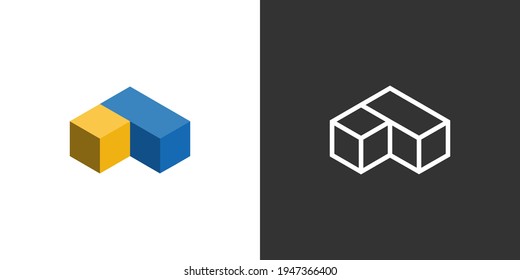 Letter A logotype mit 2 Farbwürfeln und Umrissversion - einfache Sichtlogo-Design-Vorlage, Vektorgrafik