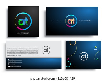 Letter AT logotype with colorful circle, letter combination logo design with ring, sets of business card for company identity, creative industry, web, isolated on white background.