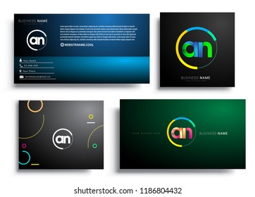 Letter AN logotype with colorful circle, letter combination logo design with ring, sets of business card for company identity, creative industry, web, isolated on white background.