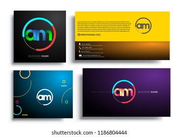 Letter AM logotype with colorful circle, letter combination logo design with ring, sets of business card for company identity, creative industry, web, isolated on white background.