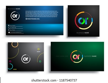 Letter OR logotype with colorful circle, letter combination logo design with ring, sets of business card for company identity, creative industry, web, isolated on white background.