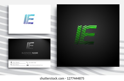 Letter IE logotype with colorful circle, with striped composition letter, sets of business card for company identity, creative industry, web.