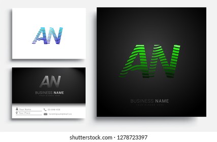 Letter AN logotype with colorful circle, with striped composition letter, sets of business card for company identity, creative industry, web.