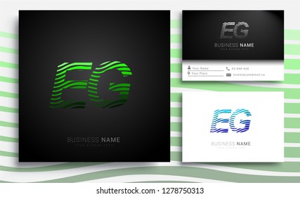 Letter EG logotype with colorful circle, with striped composition letter, sets of business card for company identity, creative industry, web.