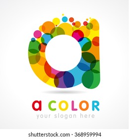 A letter logotype concept. A company template. Stained-glass colored luxury emblem, gold drops, bubbles bunch. Branding entertaining or arts idea. Vector stained graphic isolated illustration.