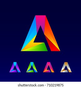 Letter A logotype design set made of 3d, Origami, Geometric and Polygon with Glossy colorful and gradient, Rainbow Vibrant Colors for your Corporate identity vector design template