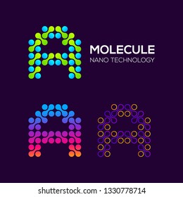 Letter A Logotype with Dots and Curve , Circle Shape and Line Connection, Molecule and Nano Technology logo, Innovation and DNA Icons, Medical Cosmetics Symbols, Science Laboratory Cell Signs