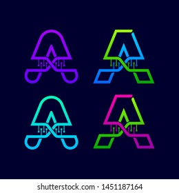 Letter A logotype with Genetic DNA structure and Dot Linked Shape logos, Technology and Digital Connection symbols, Helix Molecule Chromosomes signs, Medical Healthcare and Science Laboratory Icons