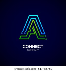 Letter A logotype green and blue color,Technology and digital abstract dot connection vector logo