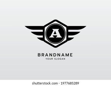 Letter A logotype in hexagon with two wings emblem, modern creative trendy brand symbol. Alphabet logotype vector design