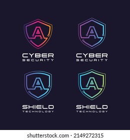 Letter A logotype with Line Dots and Cyber Shield Security Logo Digital Technology Business Company