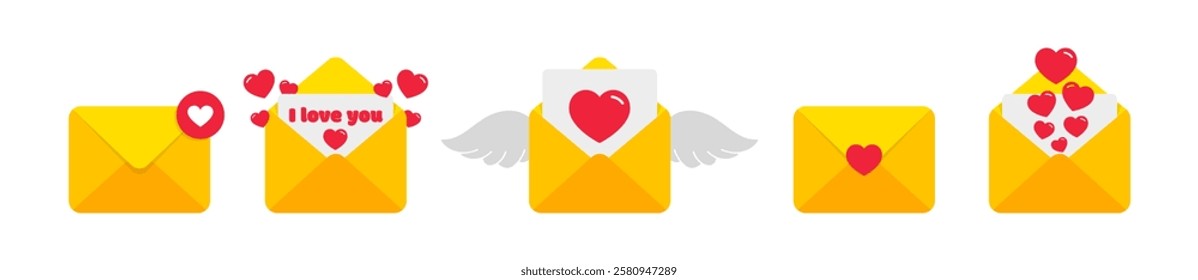 Letter love envelope with heart and wings. Valentines day postcard with a message e-mail. Set cute mailbox vector icons in flat style. Vector illustration.