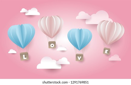 Letter love with heart balloons on pink background. Valentine’s day love invitation card. Vector illustration, paper cut or papercraft style
