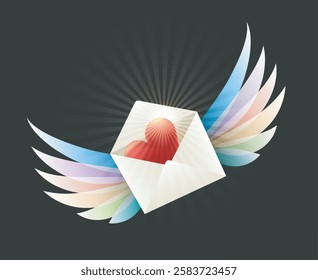 Letter of love. Opened winged envelope with glowing heart inside out flying isolated on black vector illustration