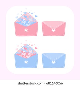 Letter of love, Set of letter of love, Heart floating out of envelope, cute letter, Love card for Valentine's Day, Picture for wedding, colorful illustration, white background, A lot of heart floating