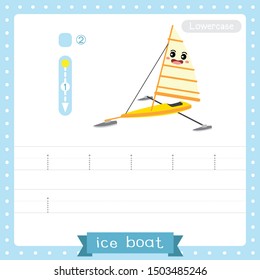 Letter I lowercase cute children colorful transportations ABC alphabet tracing practice worksheet of Ice Boat for kids learning English vocabulary and handwriting Vector Illustration.