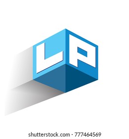 Letter LP logo in hexagon shape and blue background, cube logo with letter design for company identity.
