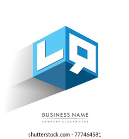 Letter LQ logo in hexagon shape and blue background, cube logo with letter design for company identity.
