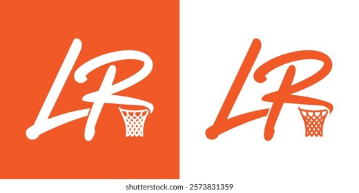 Letter LR with Basketball Hoops. Monogram logo letter LR or RL classic, simple, vintage. LR sport emblem or team logotype. Letter LR logo for sports