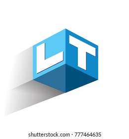 Letter LT logo in hexagon shape and blue background, cube logo with letter design for company identity.
