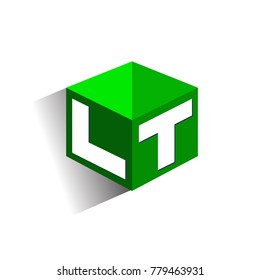 Letter LT logo in hexagon shape and green background, cube logo with letter design for company identity.
