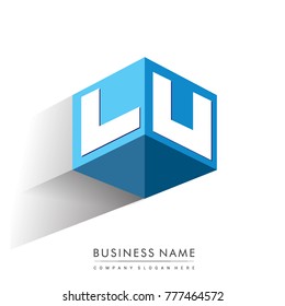 Letter LU logo in hexagon shape and blue background, cube logo with letter design for company identity.
