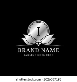 letra I círculo lujoso y deja diseño simple del logo del vector de cresta para marca vintage natural