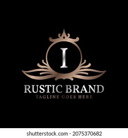 letter I luxurious rustic crest logo badge for beauty care, wedding organizer, hotel and cottage