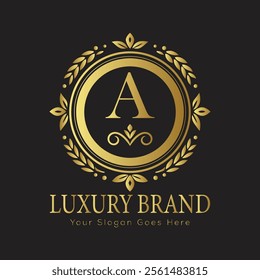 Letter A Luxury brand logo design with a royal gold crown emblem and elegant typography
