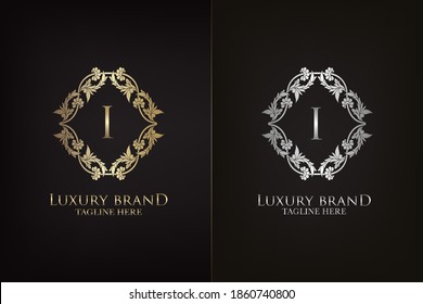 I Letter Luxury Frame Decoration  Initial Logo, Elegance Gold and Silver Ornate Emblem Decorative Frame for wedding or boutique  Logo identity Design