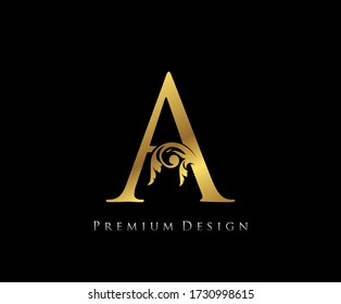 A Letter Luxury Gold Design . Graceful style. Calligraphic beautiful logo. Vintage drawn emblem for book design, brand name, letter stamp, Restaurant, Boutique, Hotel.  