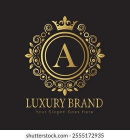 Letter A luxury gold logo concept brand logo design with a royal gold crown emblem and elegant typography
