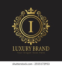 Letter I luxury gold logo concept brand logo design with a royal gold crown emblem and elegant typography
