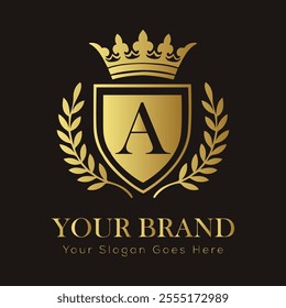 Letter A luxury gold logo concept brand logo design with a royal gold crown emblem and elegant typography
