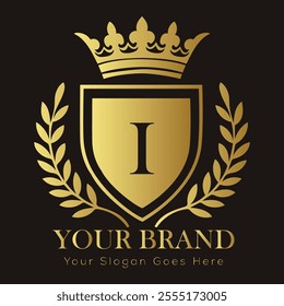 Letter I luxury gold logo concept brand logo design with a royal gold crown emblem and elegant typography
