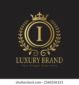 Letter I luxury gold logo concept brand logo design with a royal gold crown emblem and elegant typography
