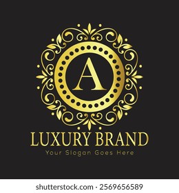 Letter A luxury gold logo concept brand logo design with a royal gold crown emblem and elegant typography
