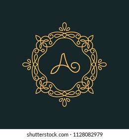 A letter Luxury Logo template flourishes calligraphic elegant ornament lines Monogram design elements, graceful template.Business sign, identity for Restaurant, Royalty, Cafe, Hotel, Jewelry, Wedding.