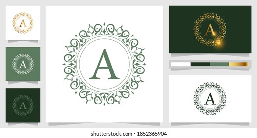 Letter A luxury ornament or floral frame logo template with business card design.