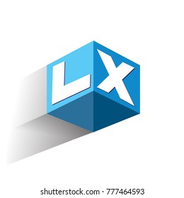 Letter LX logo in hexagon shape and blue background, cube logo with letter design for company identity.
