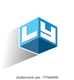 Letter LY logo in hexagon shape and blue background, cube logo with letter design for company identity.
